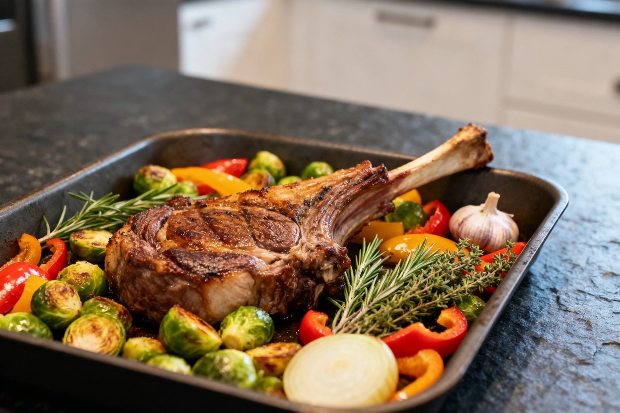 Roasted Brussels sprouts and bell peppers with onions, rosemary, thyme, and garlic featured in the final dish