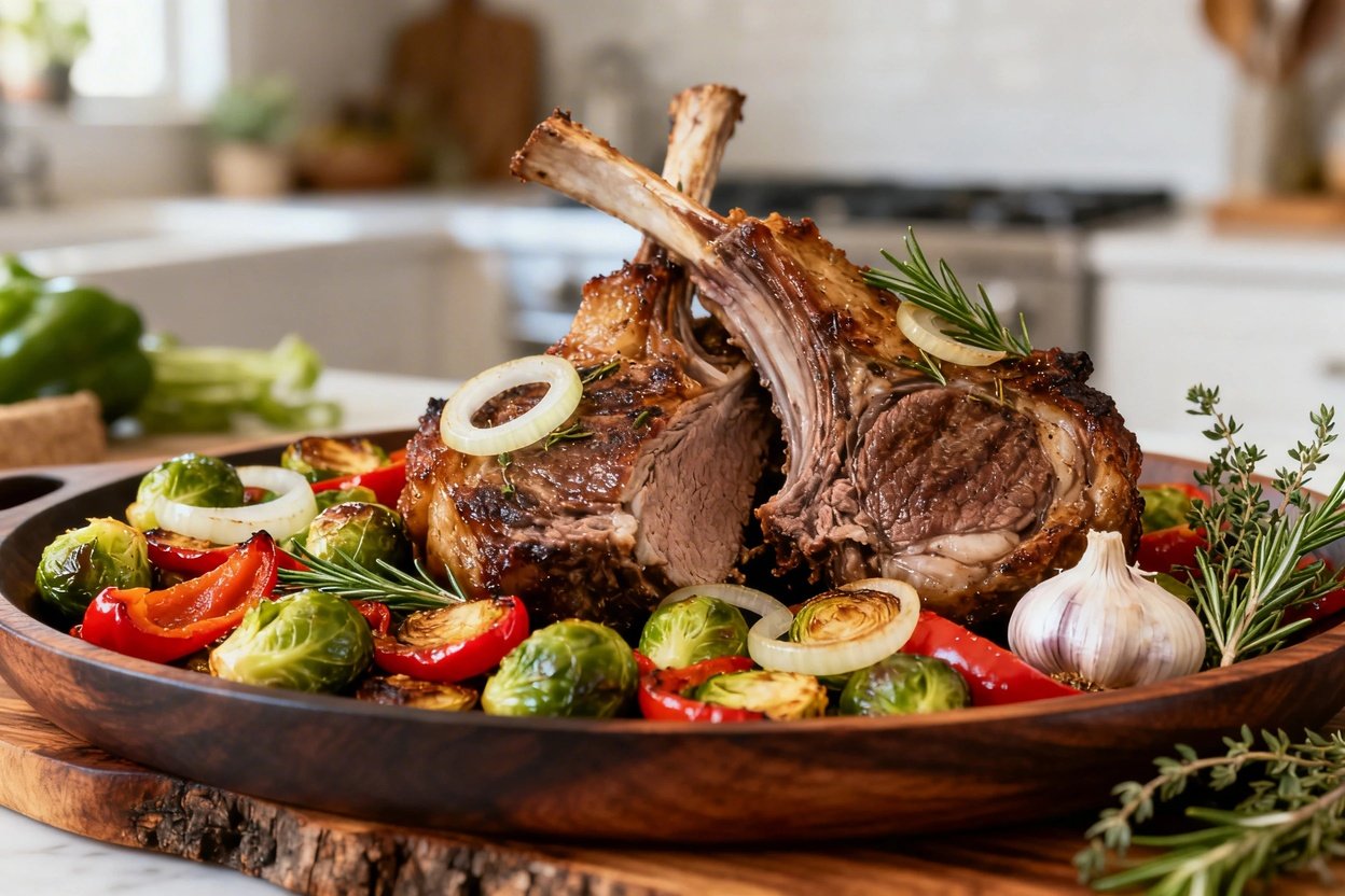 Lamb served with roasted Brussels sprouts and bell peppers, garnished with onions, rosemary, thyme, and garlic