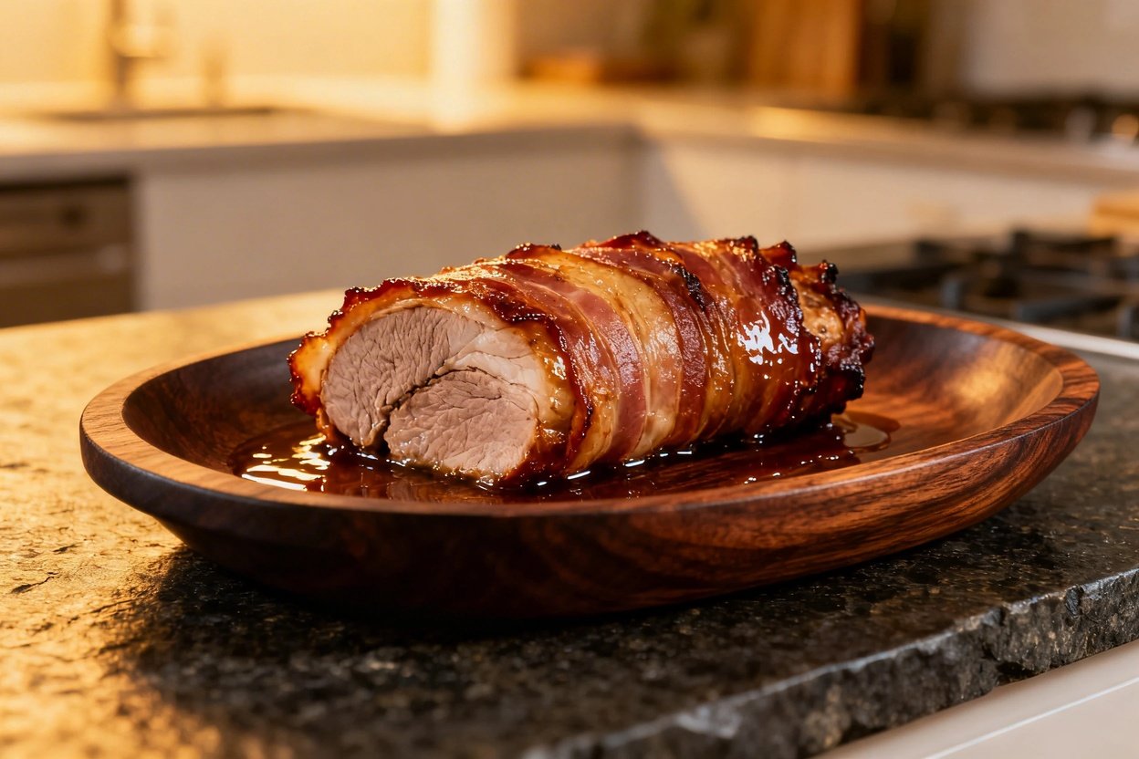 e bacon-wrapped pork tenderloin, highlighting the texture and shine of the crispy bacon layers. The 