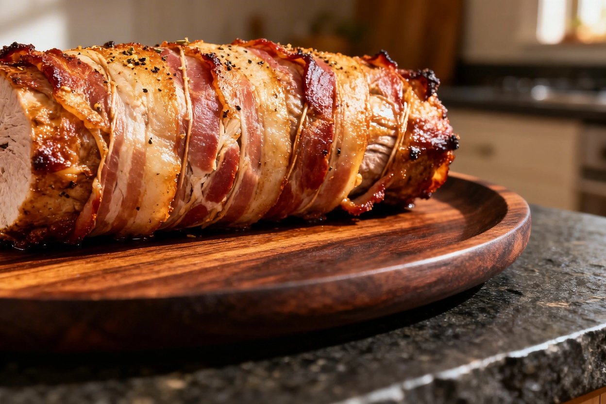 d pork tenderloin, intent on emphasizing the crispy texture and detail of the bacon wrapping. Presen