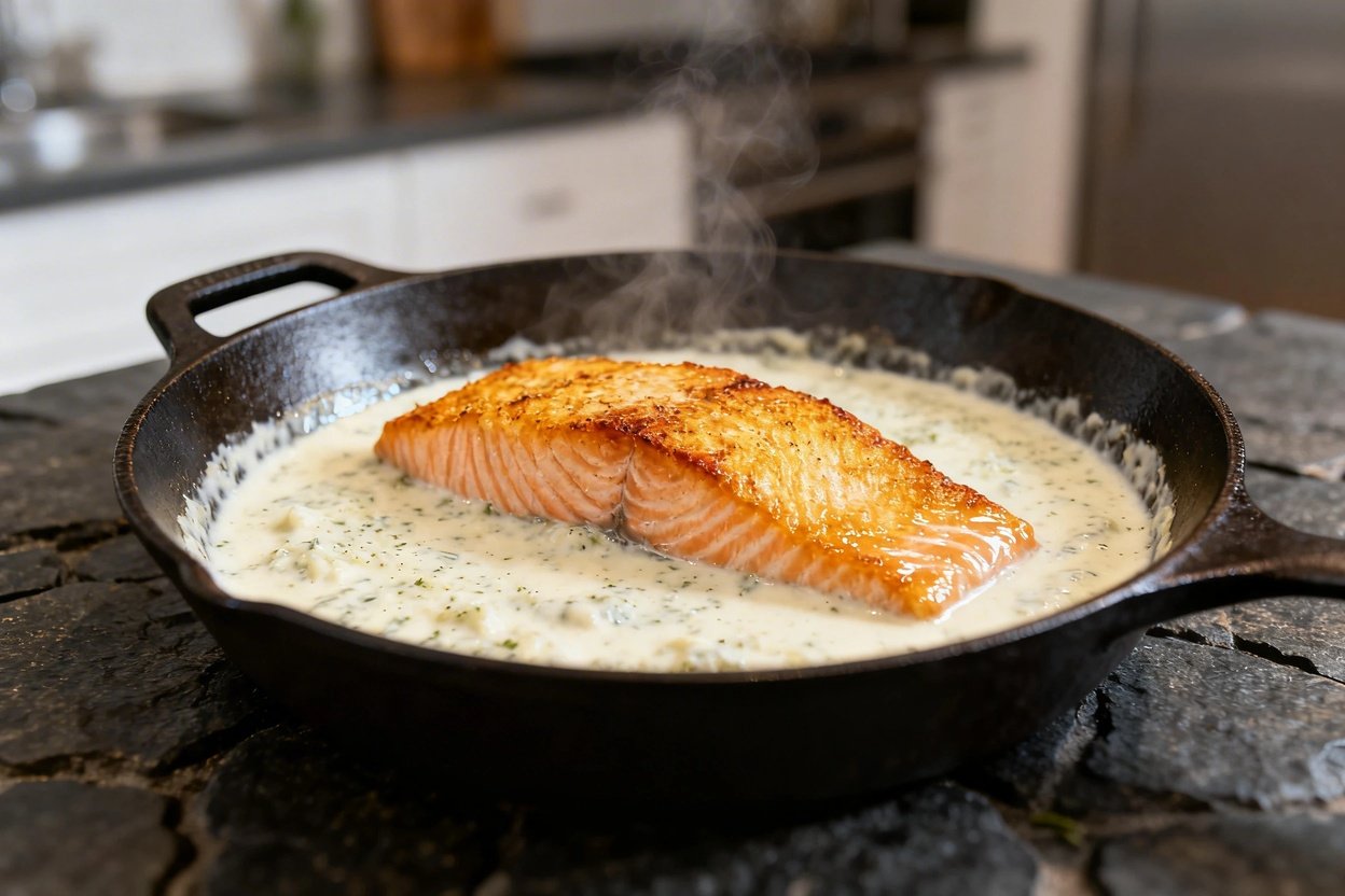 Close-up view of creamy garlic Parmesan salmon