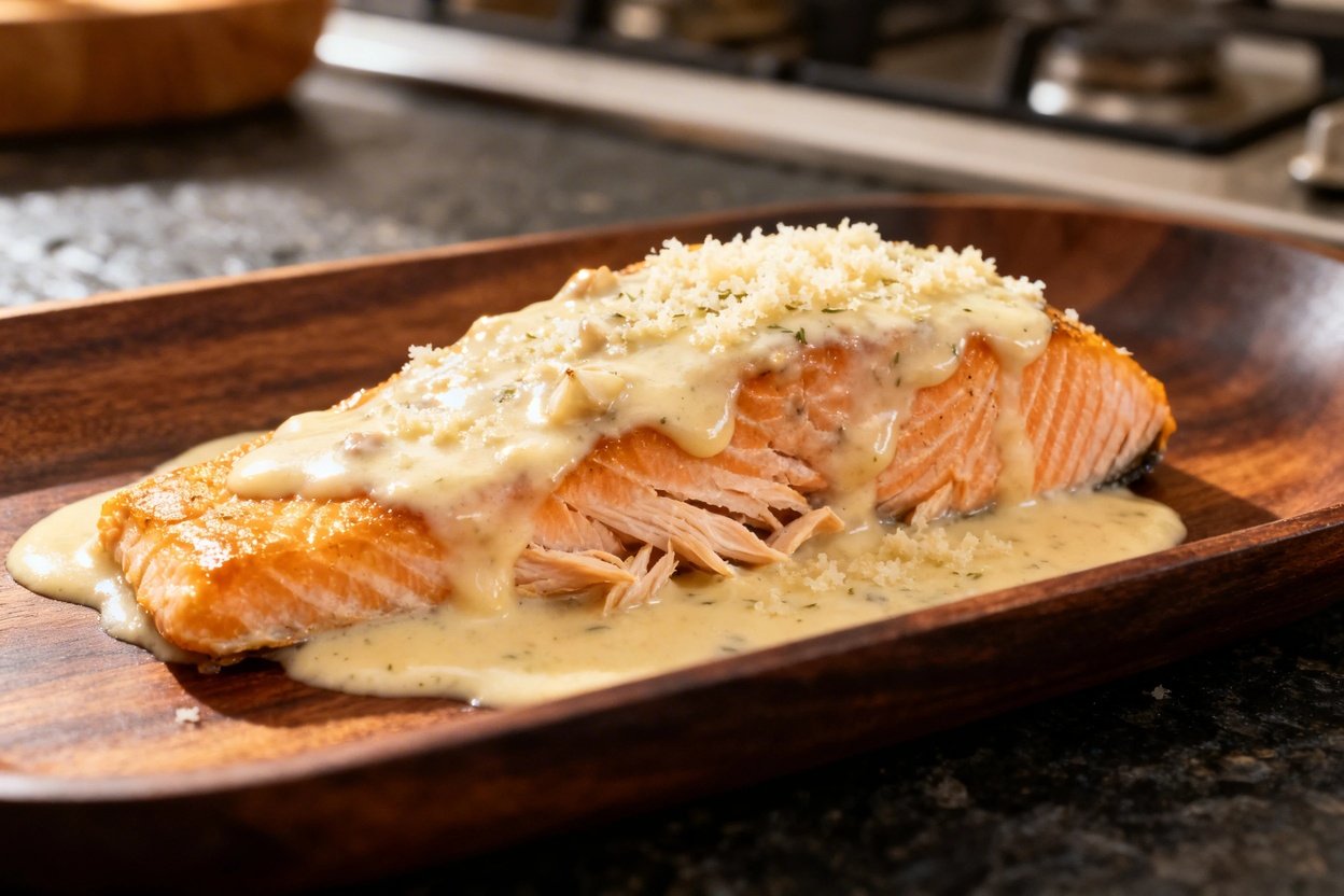 Close-up that emphasizes the texture of the creamy garlic Parmesan salmon