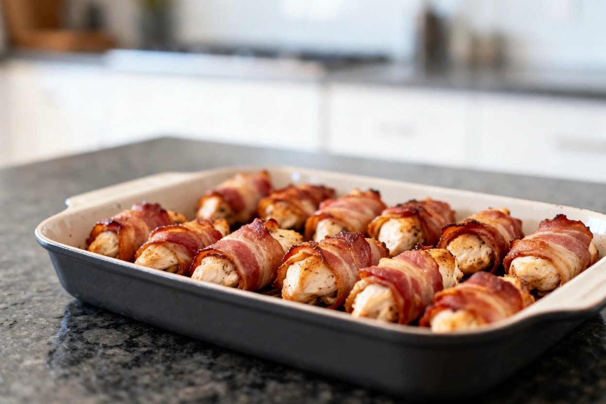 e at approximately 30-40 degrees showcasing the same portion of bacon-wrapped chicken bites. These b