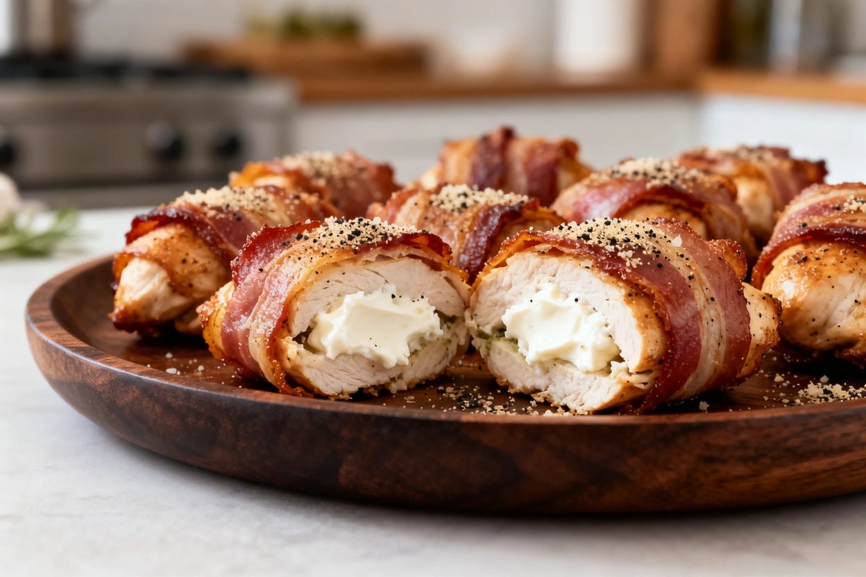 imately 30-45 degrees, capturing a similar serving of bacon-wrapped chicken bites. Plated on the sam