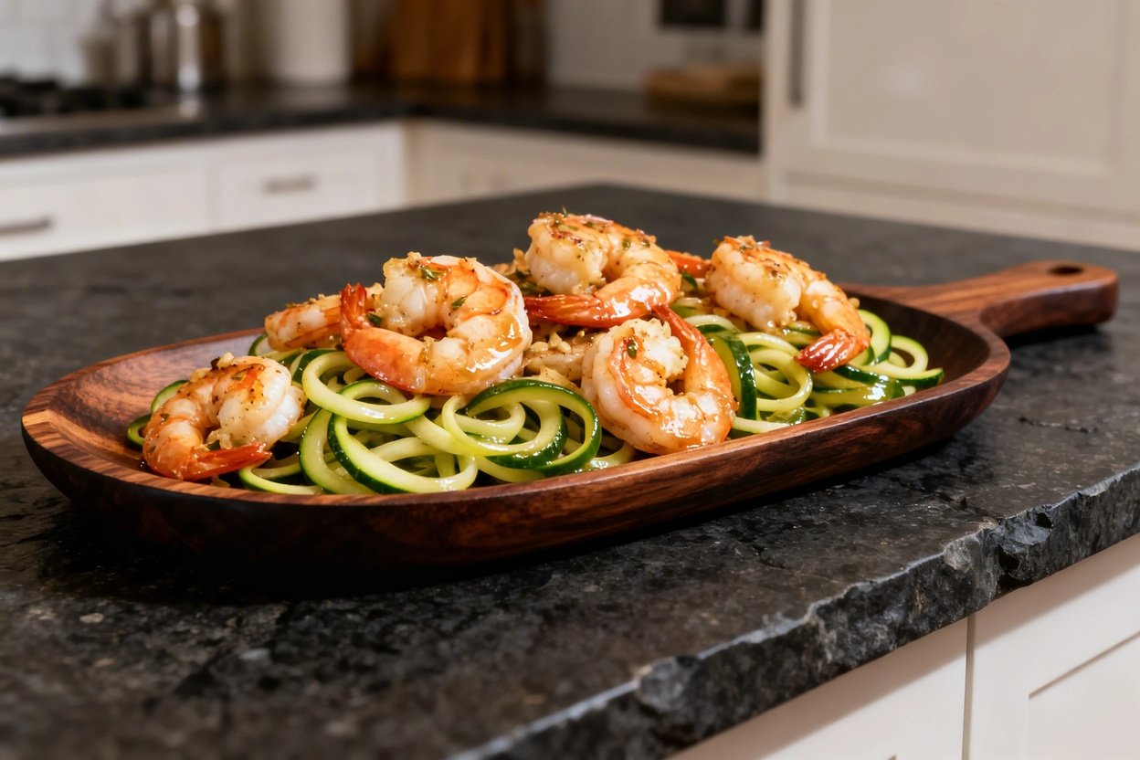 hero shot at approximately 30–45 degrees focusing on the finished shrimp scampi, emphasizing texture