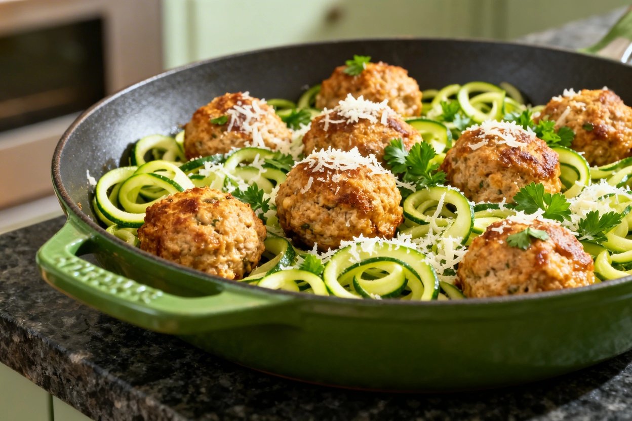 of the skillet containing turkey meatballs and zucchini noodles. This perspective shows the same