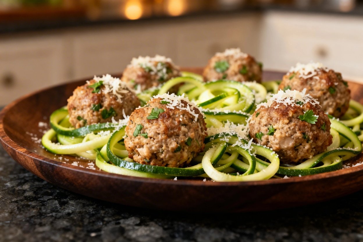of the turkey meatballs and zucchini noodles, emphasizing texture. The dish is plated on a dark wood