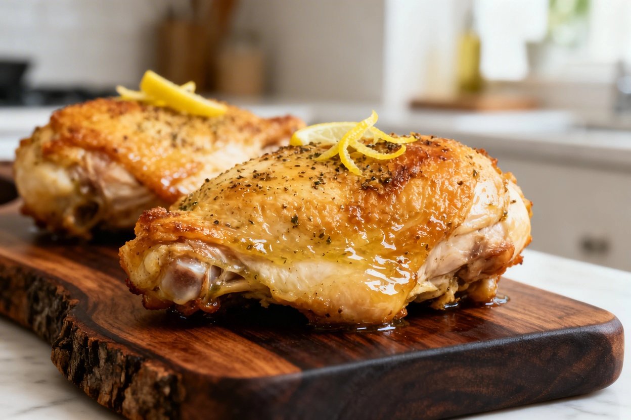 phasizing the texture of the Diabetic-Friendly Baked Lemon Pepper Chicken Thighs. The dish is plated