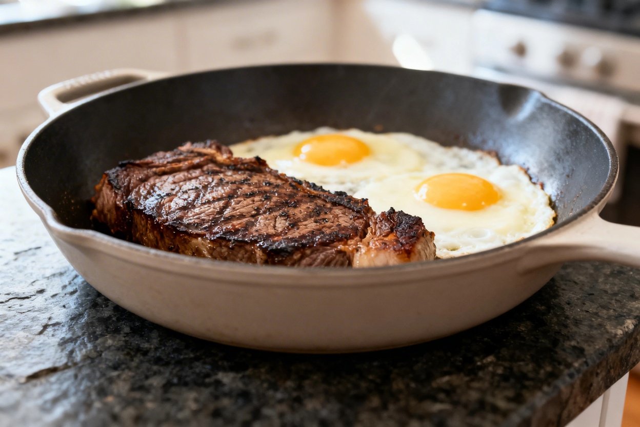–40 degrees perspective of the skillet-seared steak and fried eggs, identical to Image 1.