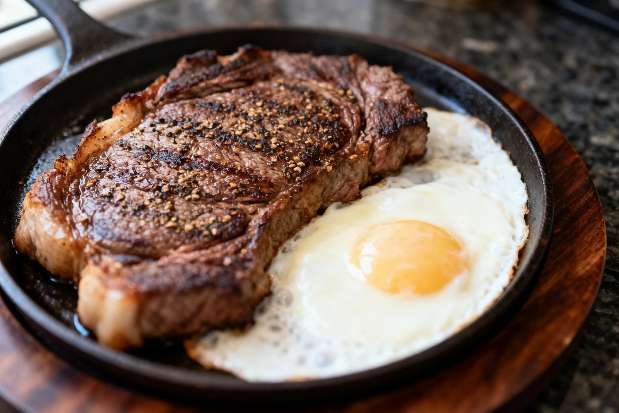 45 degrees, focusing on the texture of the skillet-seared steak and perfectly fried eggs.