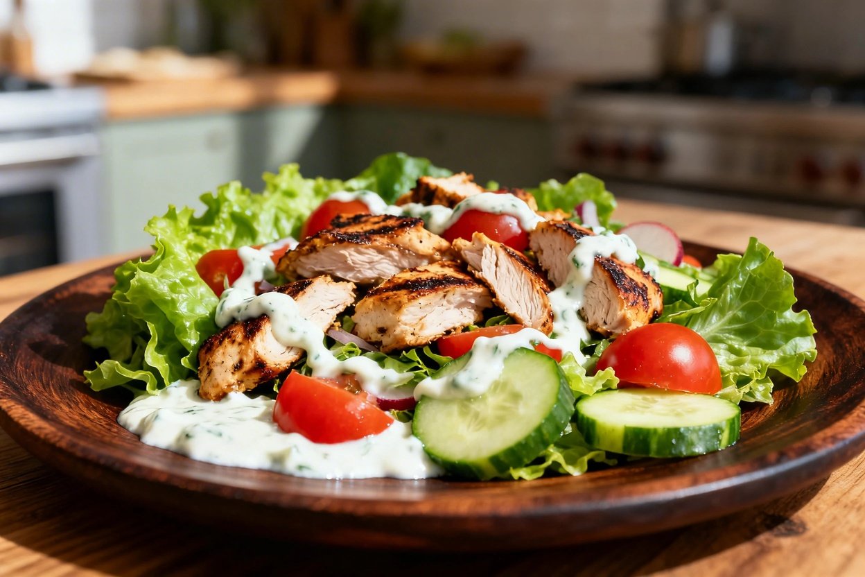 ranean Chicken Gyro Salad, approximately 40 degrees, highlighting the richness of texture. The salad