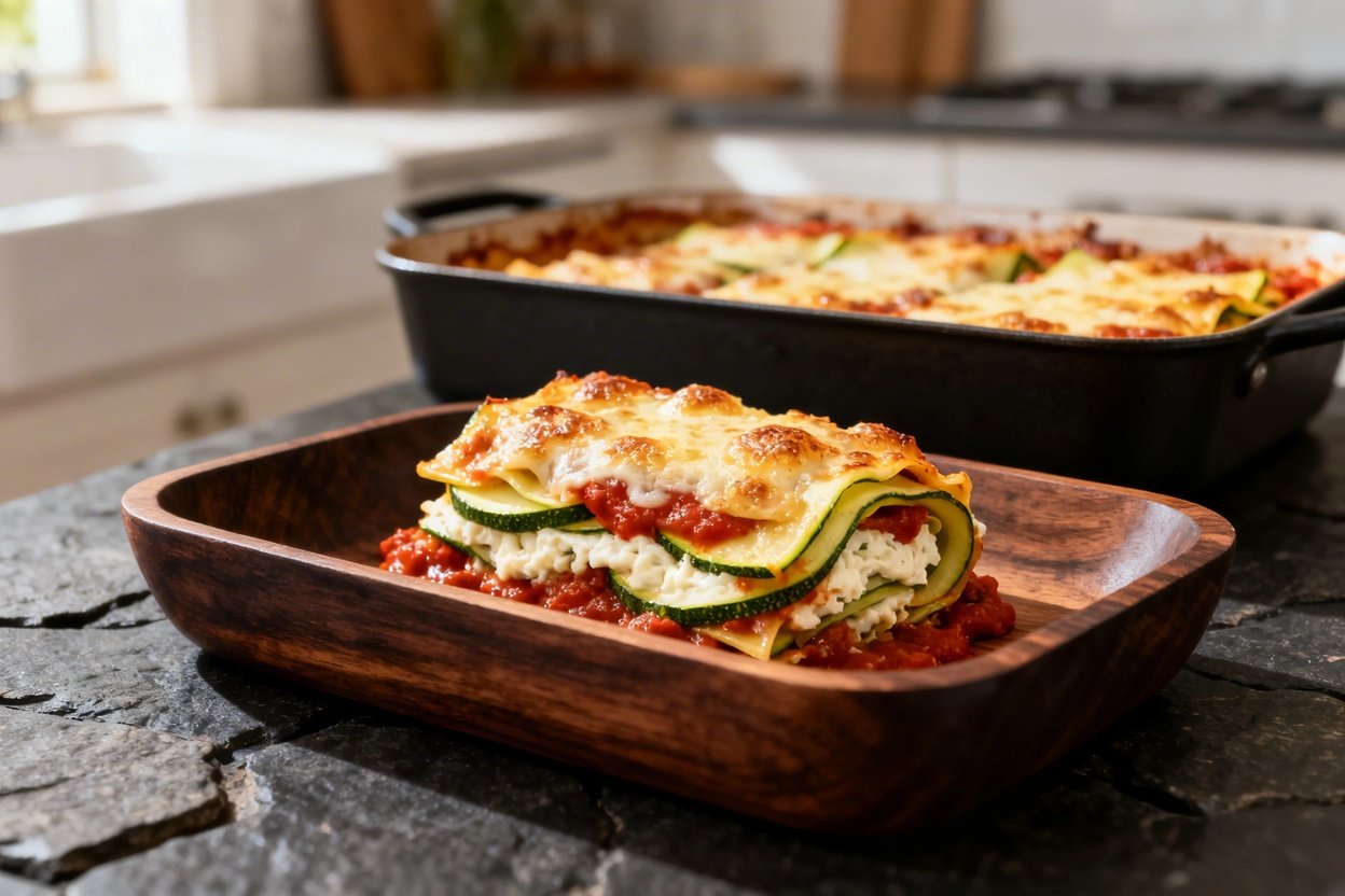 Side perspective, approximately 30-40 degrees, showcasing the same single serving of the low-carb zucchini lasagna roll on a white plate.