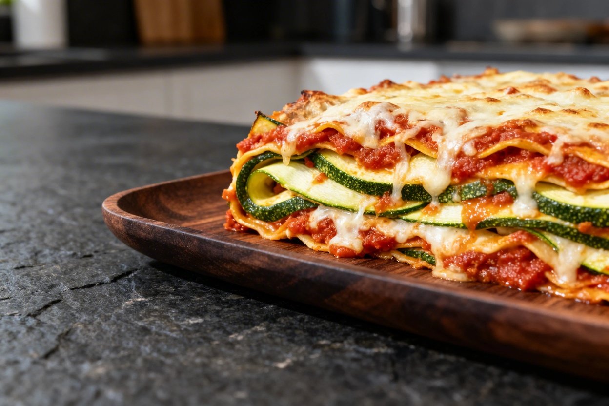 Close-up zero shot at approximately 30-45 degrees, focusing on the texture of the baked low-carb zucchini lasagna roll.