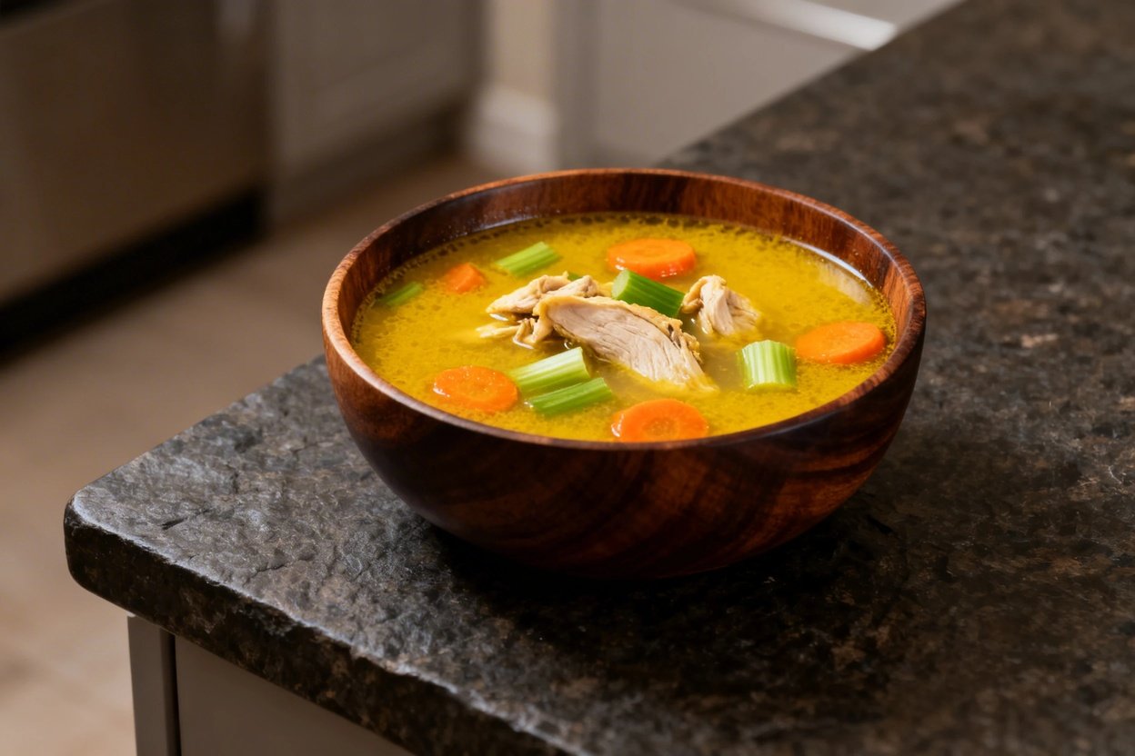 ly 30–40 degrees, presenting the turmeric chicken soup served in the same dark wood bowl. The camera
