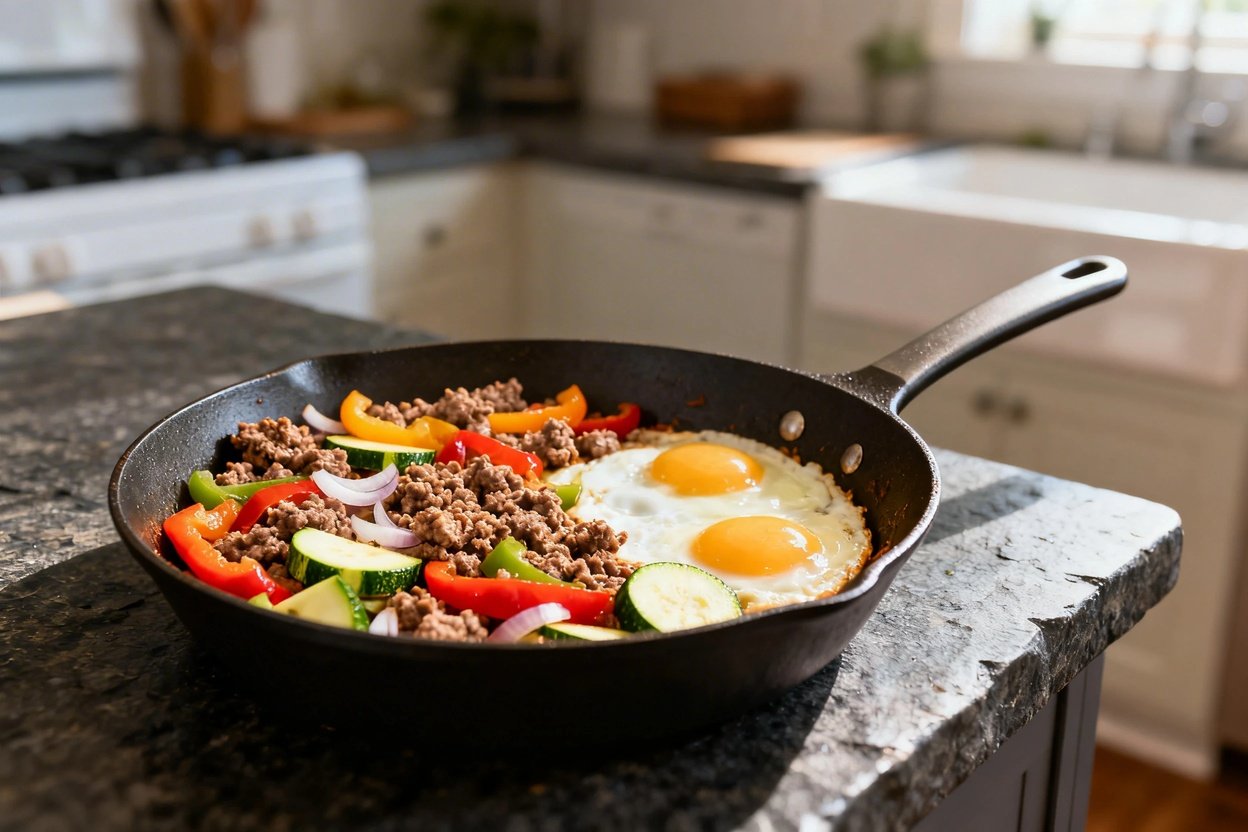 ng the same combination of ground breakfast sausage, bell peppers, zucchini, onions, and eggs. Prese