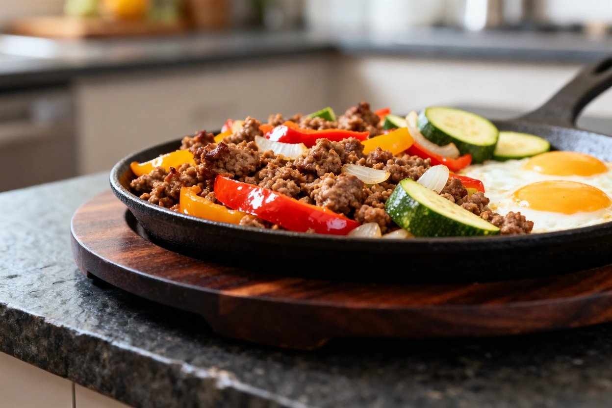 rant breakfast skillet with ground breakfast sausage, bell peppers, zucchini, onions, and eggs, high