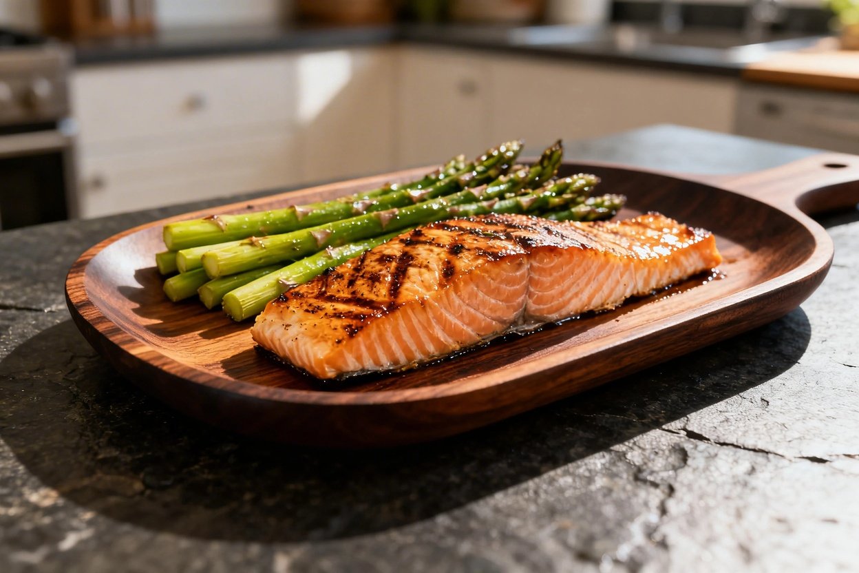 A close-up angle, approximately 30–40 degrees, showcasing the grilled salmon and asparagus portion