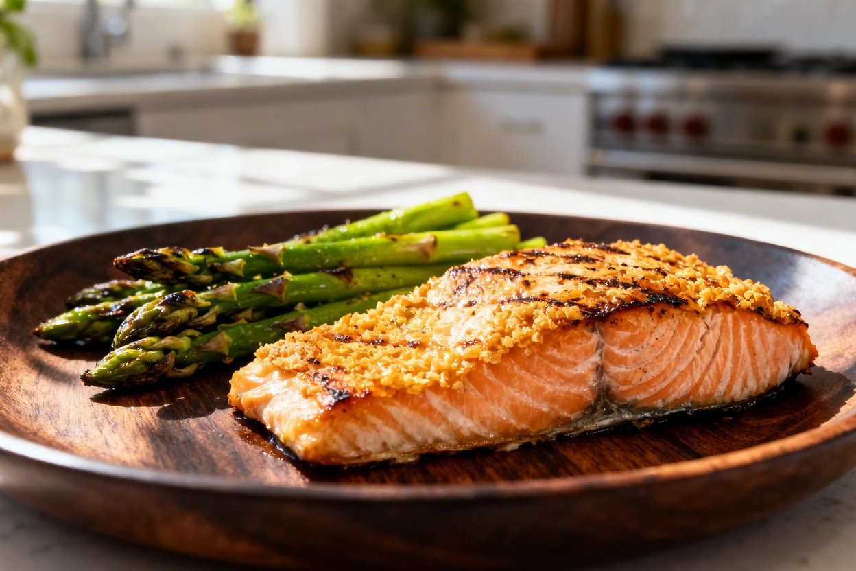 Close-up at 45 degrees, focusing on the texture of the grilled salmon and asparagus