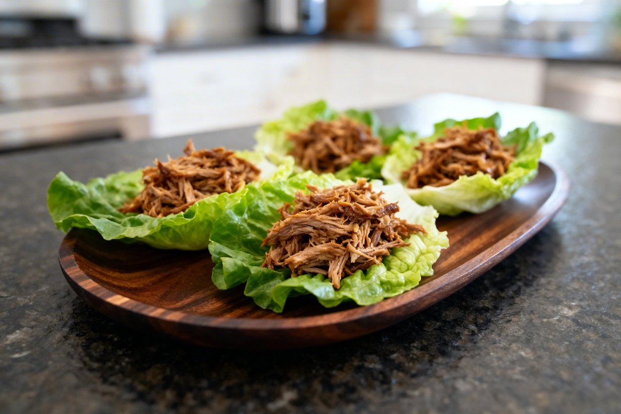 A side view perspective of the Instant Pot Pulled Pork Lettuce Wraps.