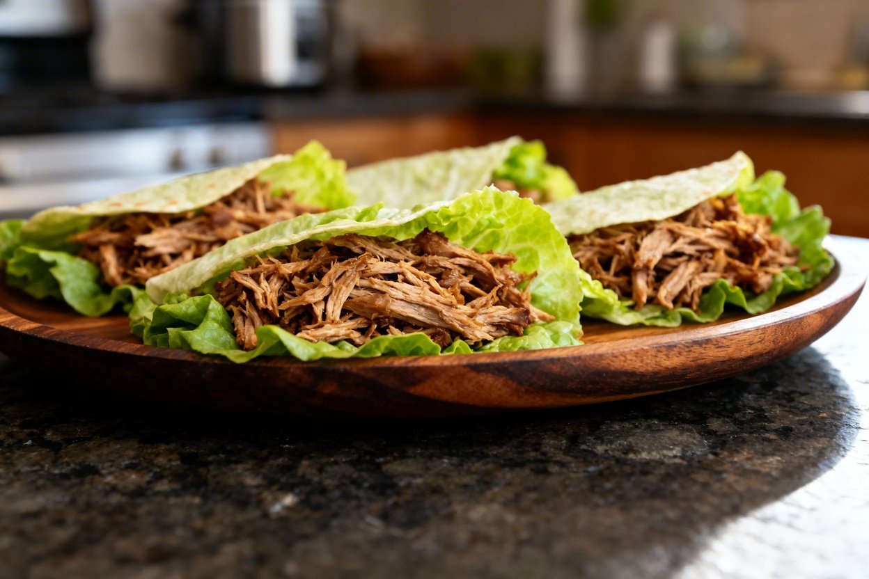 Close-up of the Instant Pot Pulled Pork Lettuce Wraps emphasizing the tender texture.