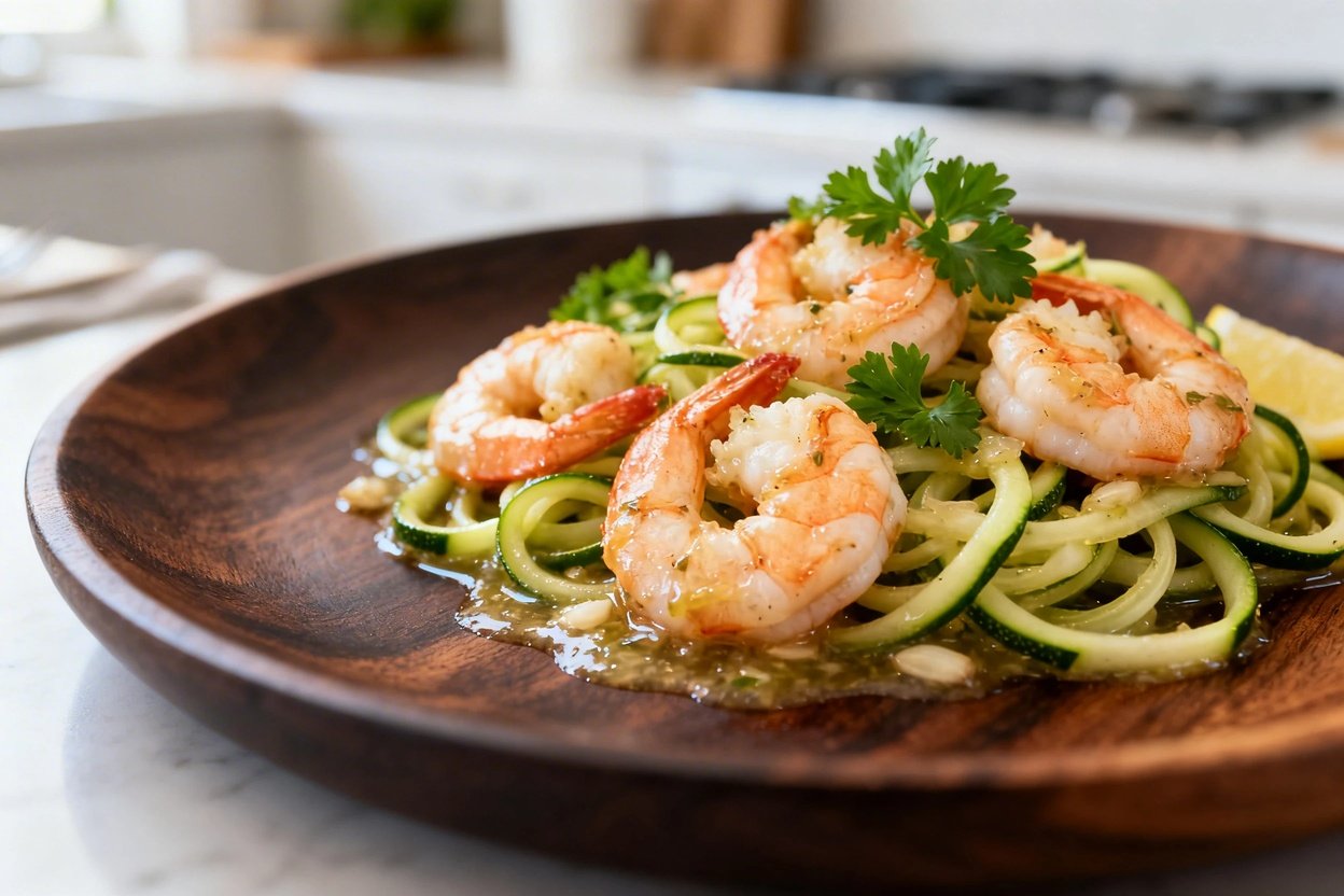 0-45 degrees focuses closely on the Mediterranean shrimp scampi. Plated on the same dark wood servin