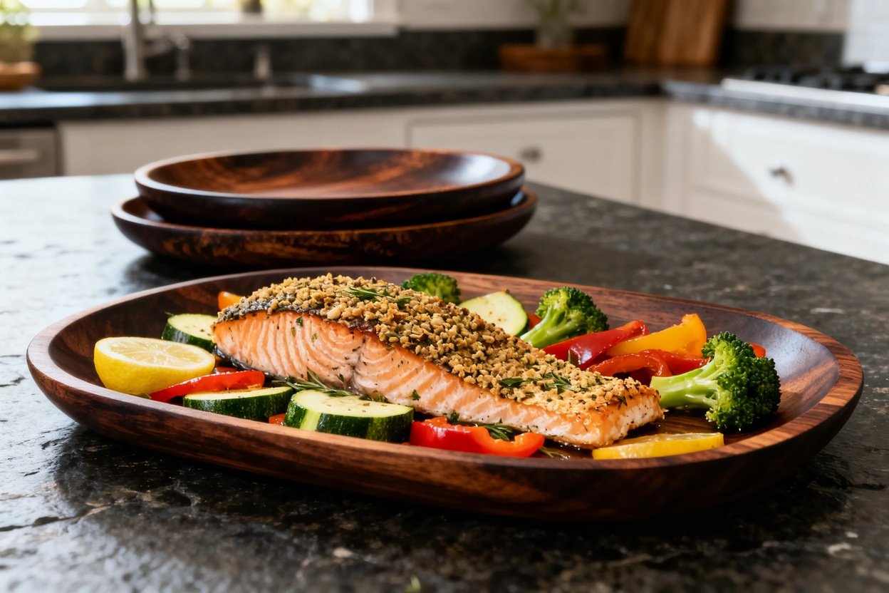  30–45 degrees, of the one-pan lemon herb salmon and vegetables plated on dark wood serving dishware
