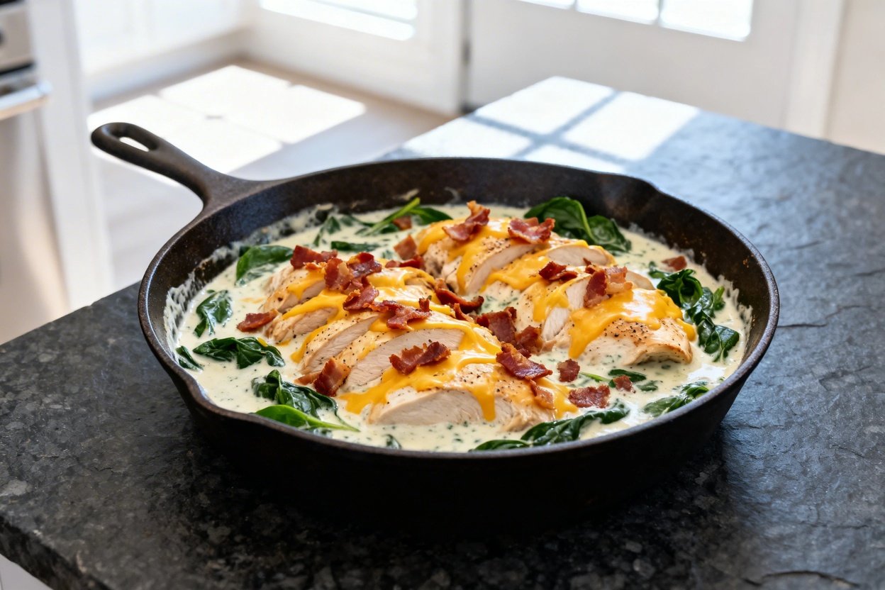 bout 35°) realistic food photo of the exact same finished low carb chicken bacon ranch skillet durin