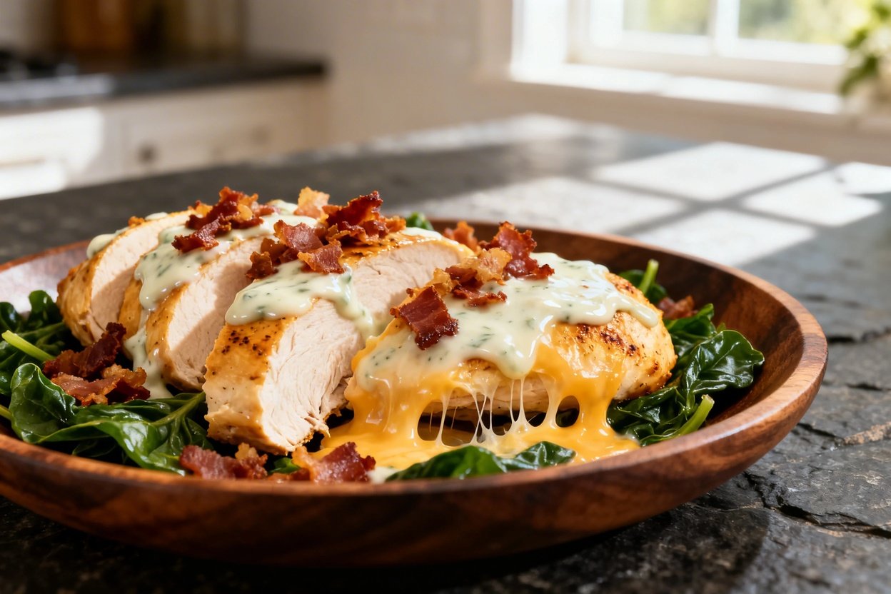  shot (about 40–45°) of the same plated single serving of low carb chicken bacon ranch skillet on th