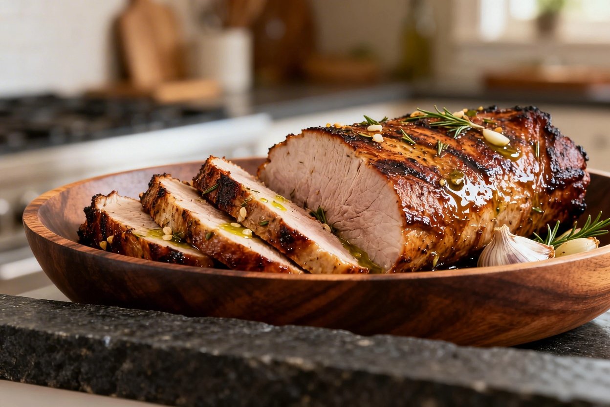 view at approximately 30 degrees, displaying the same roasted garlic pork tenderloin after slicing,