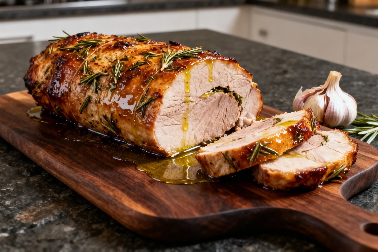 ot at around 45 degrees, focusing on the intricate texture of the roasted garlic pork tenderloin. Th