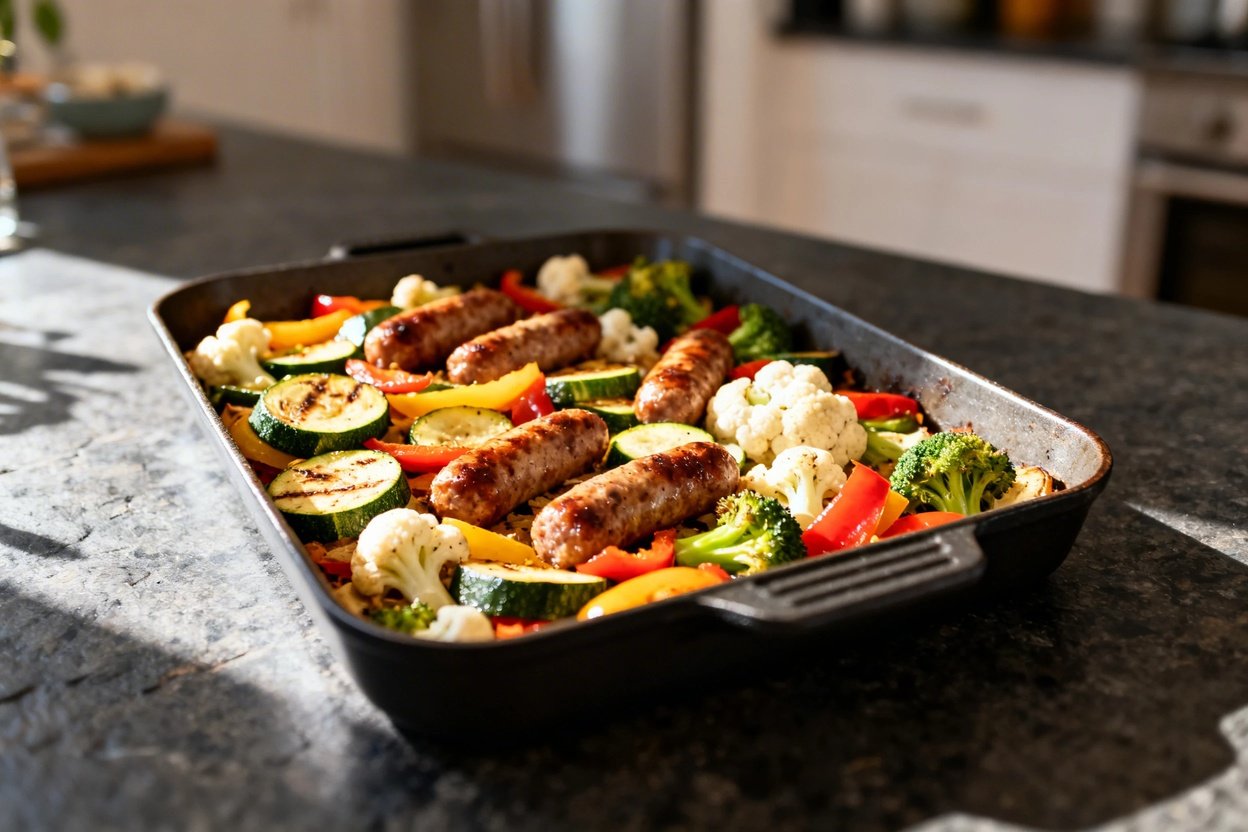 –40 degree perspective of the same one-pan low carb sausage and veggie bake. The dish, still compose
