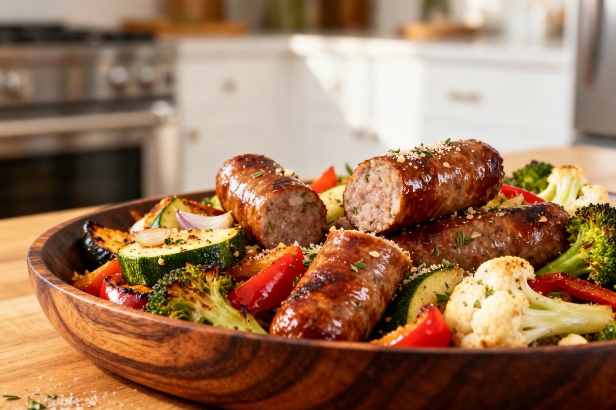 ree close-up view capturing the rich texture and detail of the one-pan low carb sausage and veggie b