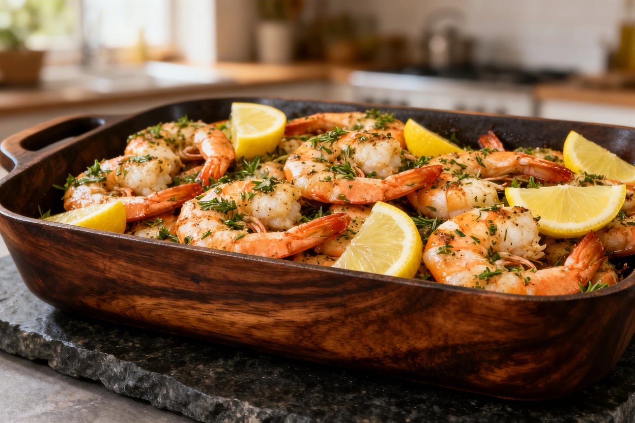 Approximately 30–40 degrees, of the same baked lemon herb shrimp portion as Image 1. The shrimp appear in