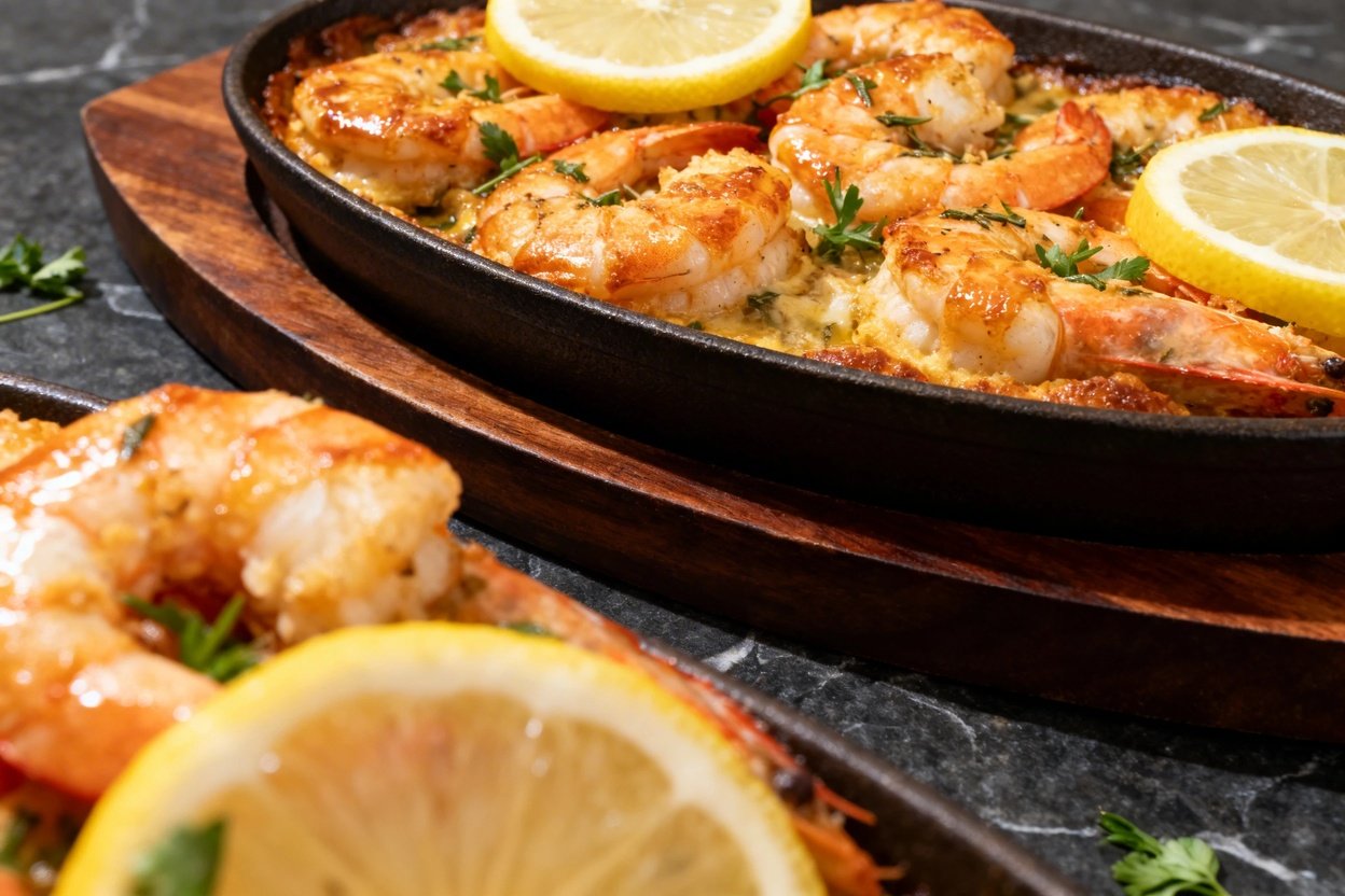 Degrees, focusing closely on the baked lemon herb shrimp's texture. Plated on the same dark wood dish.