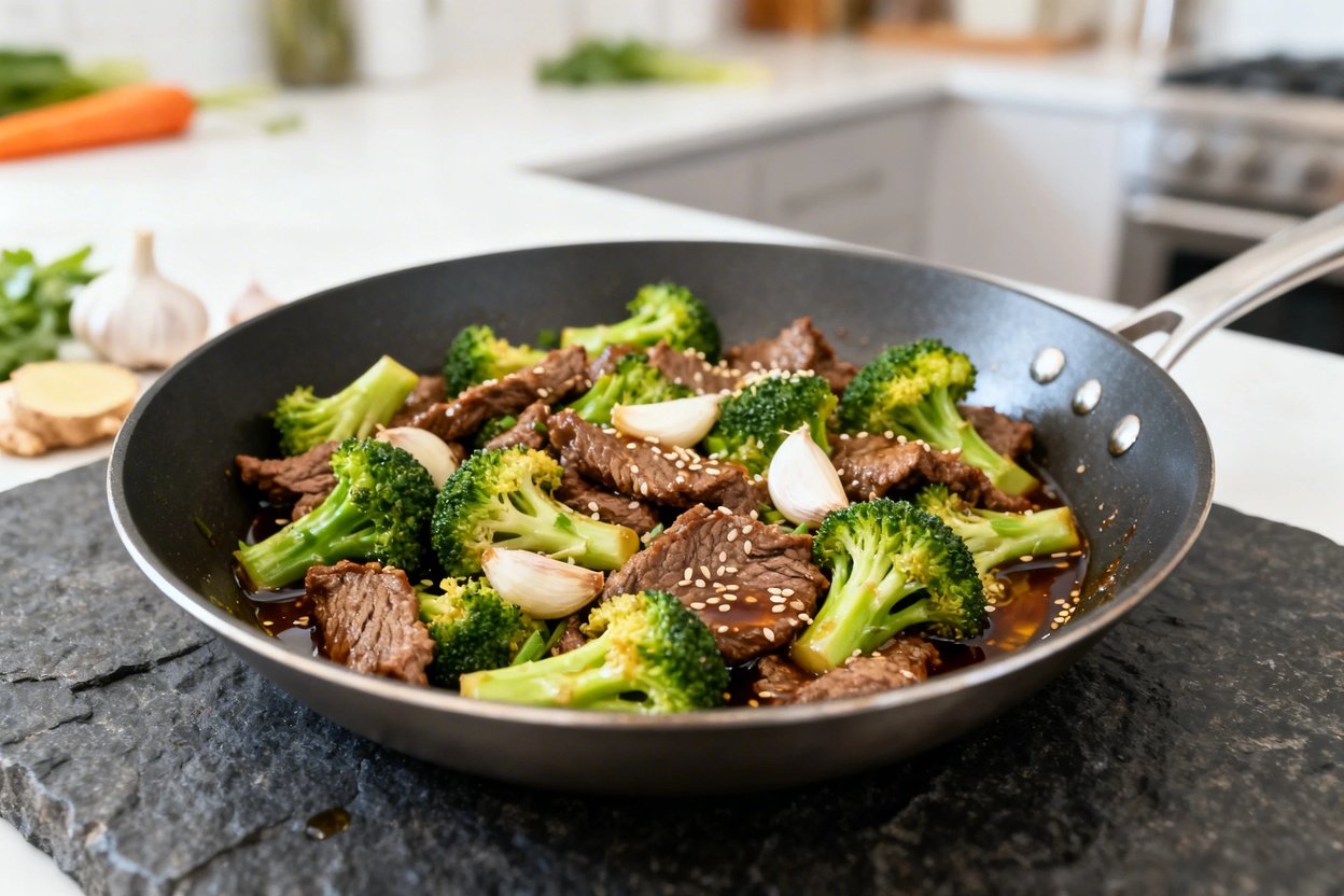 This image shows the same portion of the keto beef and broccoli skillet as Image 1. The food is displayed in a brightly lit kitchen.