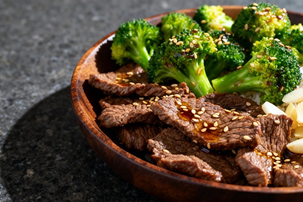 Texture of the keto beef and broccoli skillet, captured at approximately 30–45 degrees. Served on dark wood.