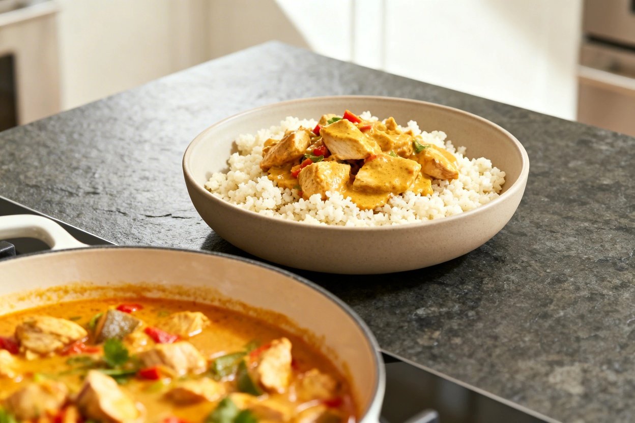 rees showing the same portion of low-carb Thai coconut curry chicken served over cauliflower rice, a