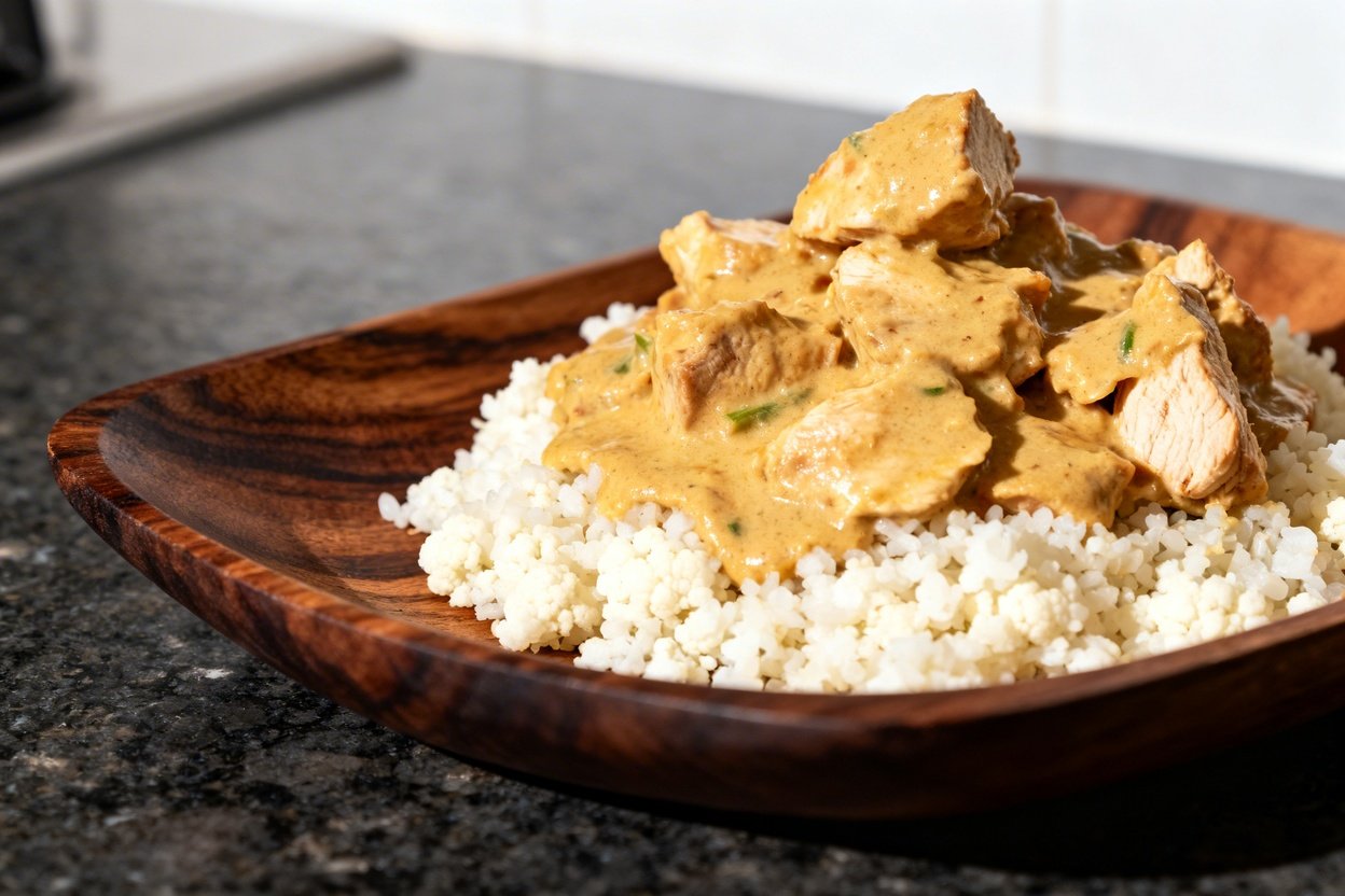 degrees, focusing on the texture of the low-carb Thai coconut curry chicken. The finished dish, serv