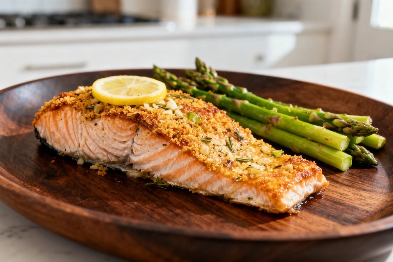le30 Baked Lemon Garlic Salmon and Asparagus, plated on the same dark wood serving dishware as befor