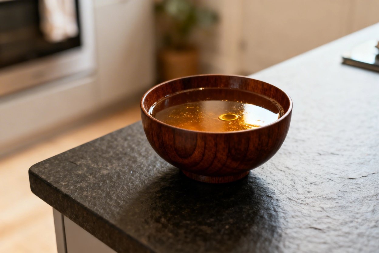 Approximately 35 degrees, showing the same portion of beef bone broth in the dark wood bowl. The dark stain of the wood contrasts beautifully with the broth's golden hues.
