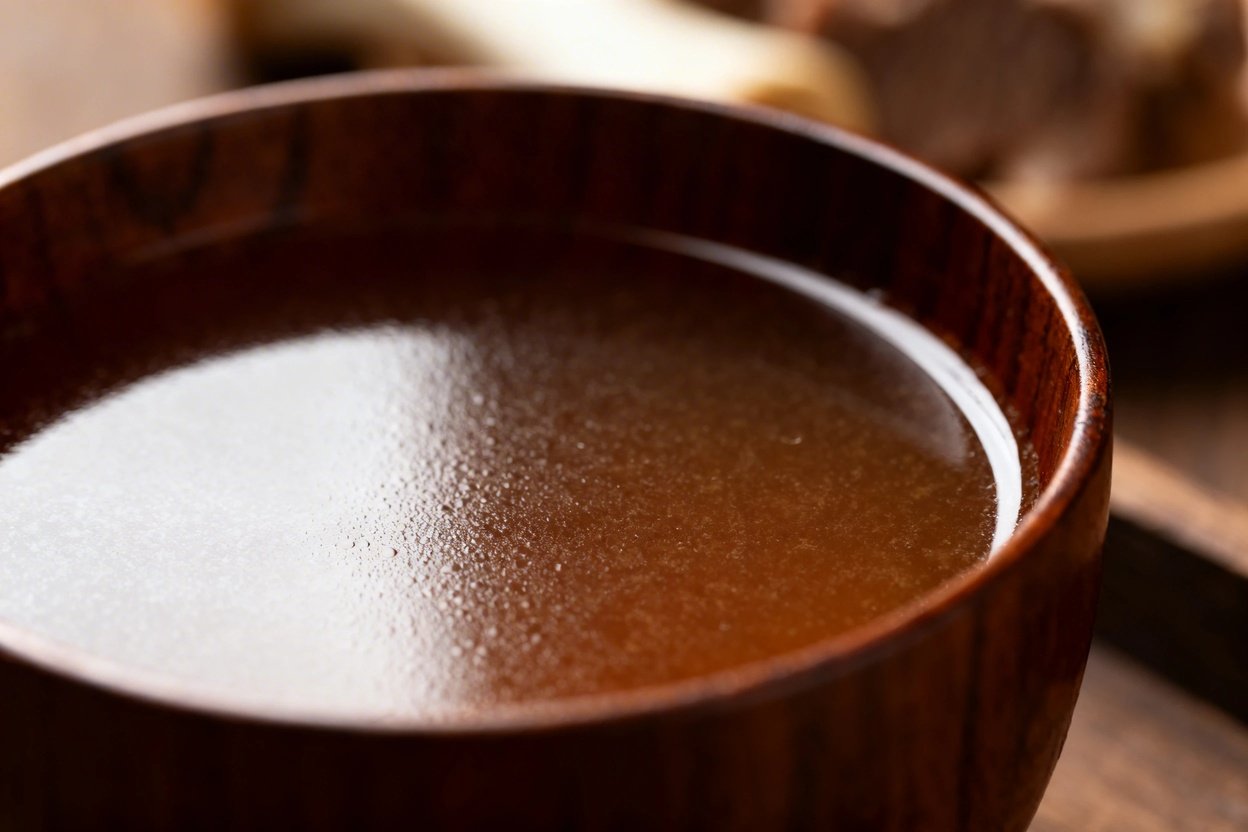 An approximately 40-degree angle, focusing on the surface texture of the beef bone broth in the dark wood bowl.