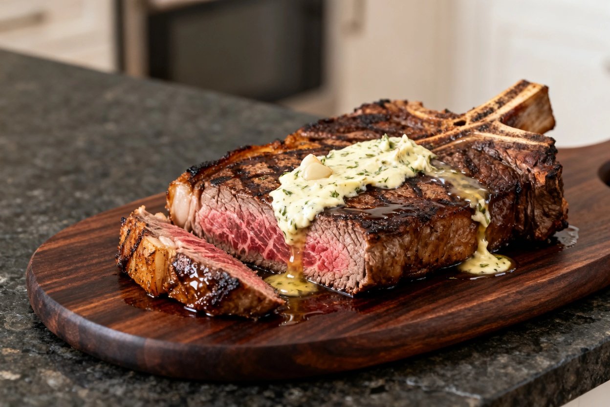 gle, the emphasis is on the hearty grilled ribeye steak resting on a dark wood serving plate, poolin