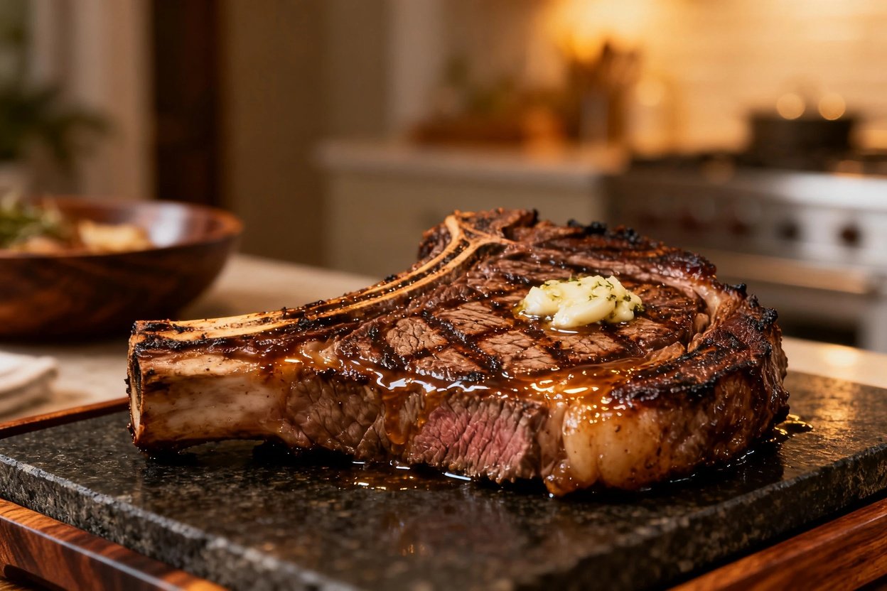 y 30–45 degrees, focuses intimately on the exquisite texture and marbling of the grilled ribeye stea