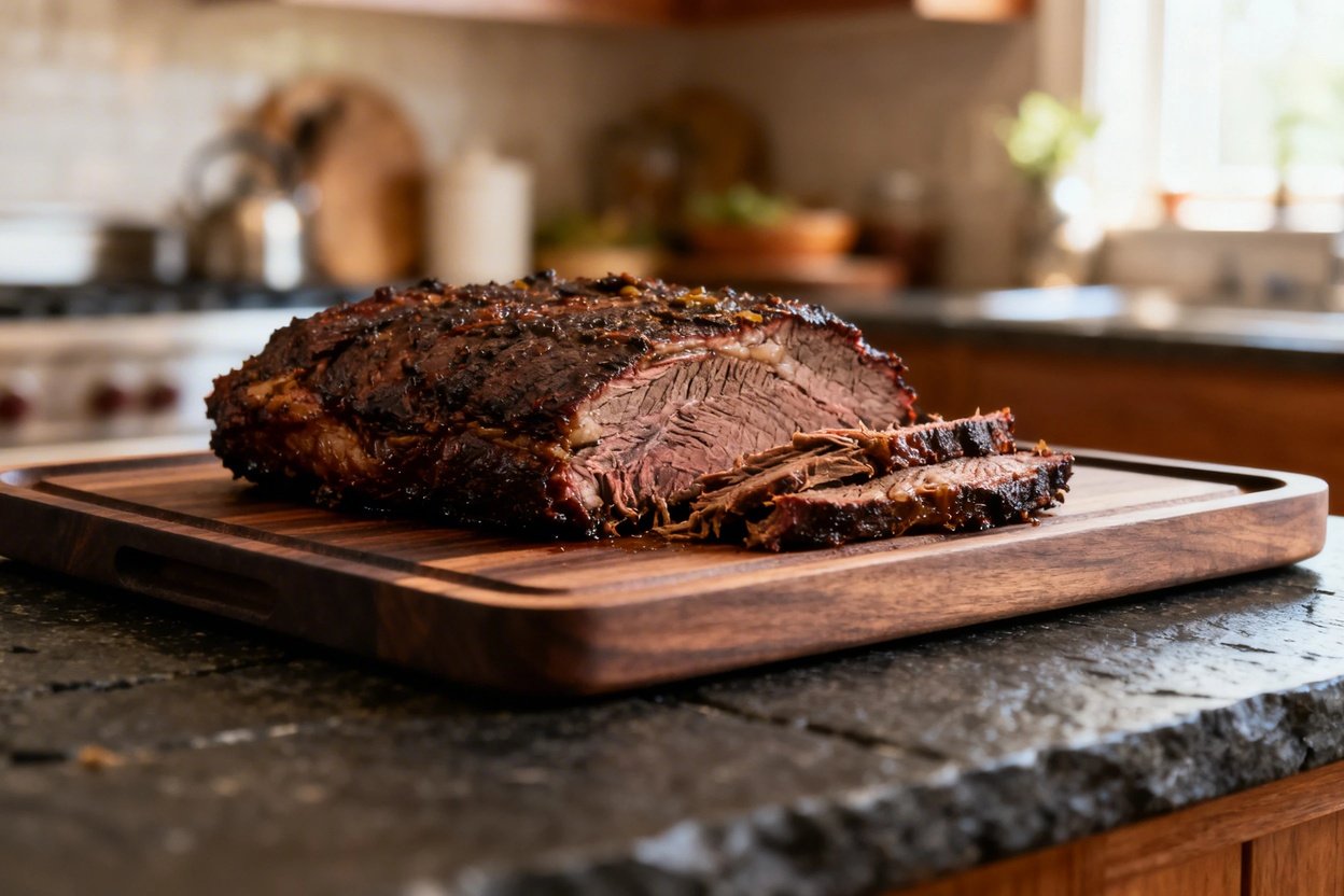 e, approximately 30-40 degrees, capturing the same portion of slow-cooked beef brisket from Image 1.