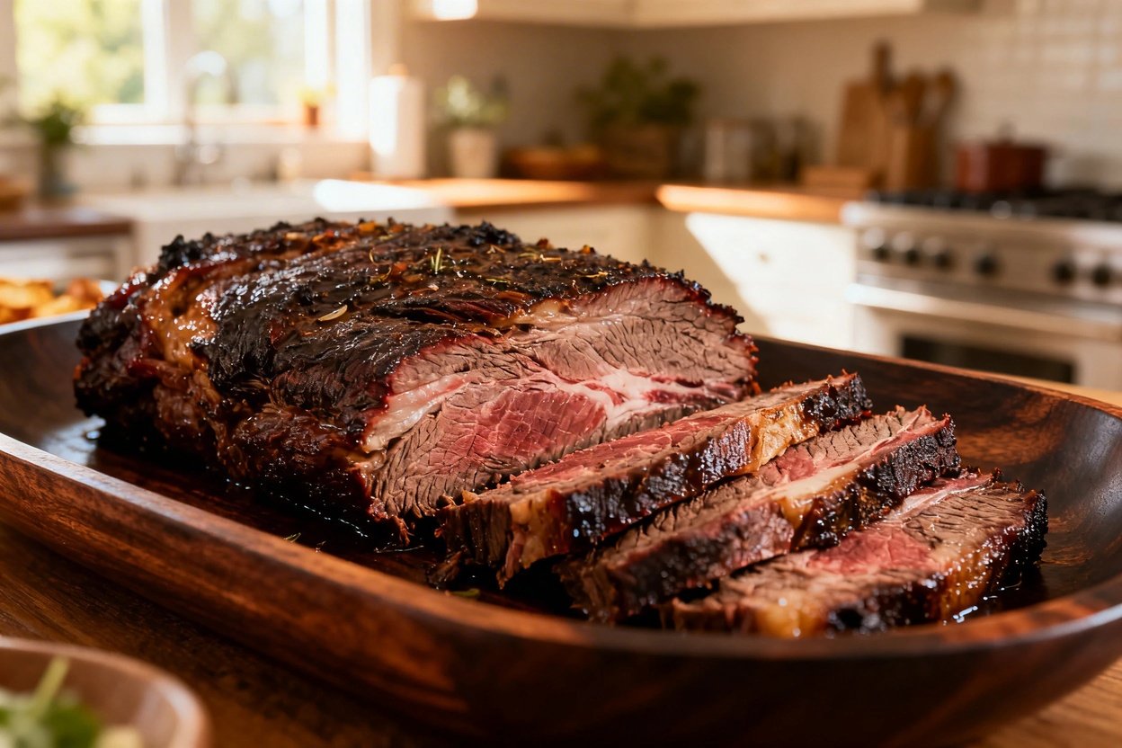 ) of the slow-cooked beef brisket, emphasizing its texture and richness. The brisket is carefully pl