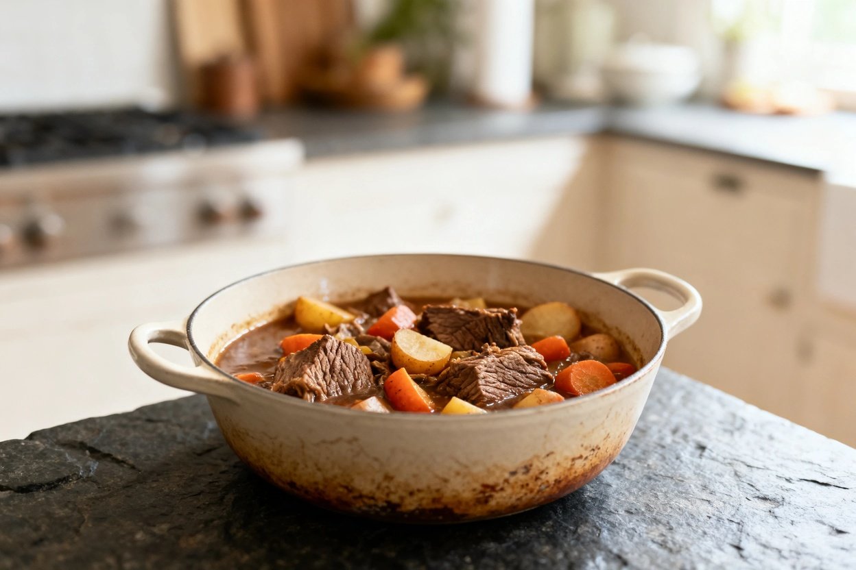 chuck roast and root vegetables, photographed from a slightly angled perspective of approximately 3