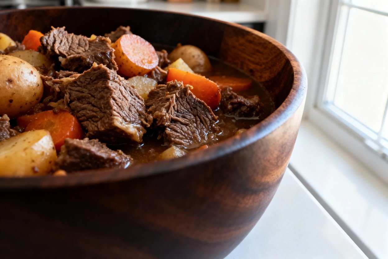 slow-cooked beef stew, focusing on the textures of the beef and root vegetables. The camera angle is
