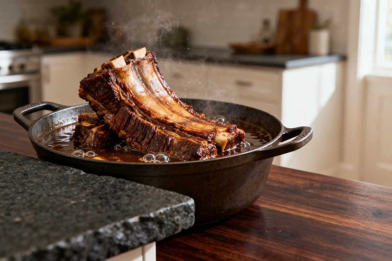 ed short ribs, approximately 30-40 degrees, showcasing the succulent meat in the final cooking vesse