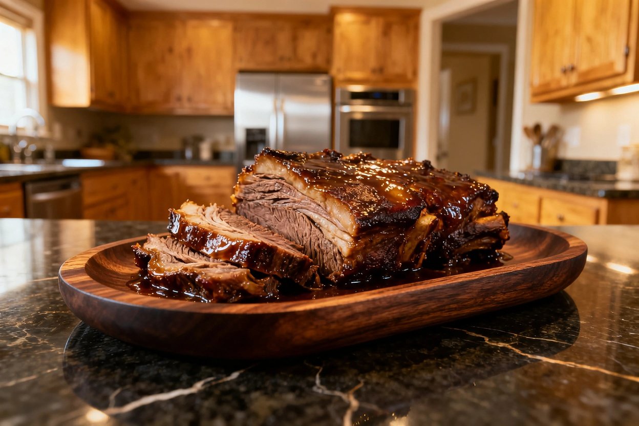 ated braised short ribs on dark wood serving dishware, from a 30-45 degree perspective. The dish is