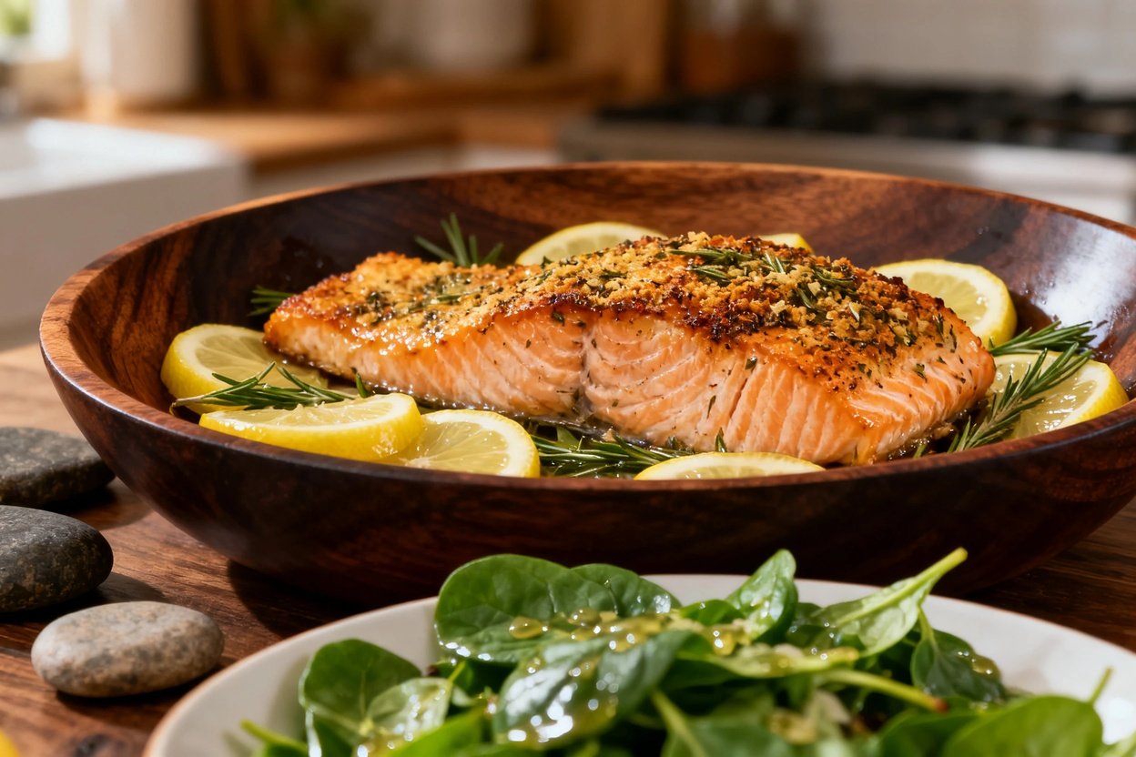 rom a 30-degree angle. The salmon's flavorful crust is visible, surrounded by glistening pieces of l